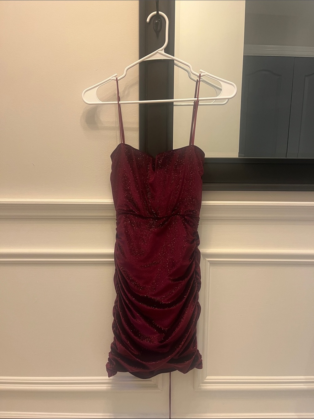 Lucy in the Sky Burgundy Sparkle Ruched Mini Dress